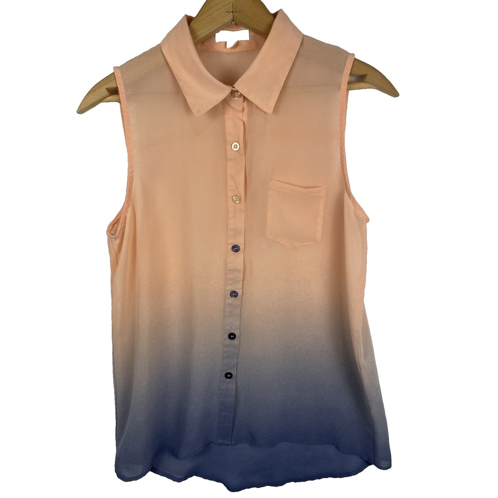E & M Woman's Blouse Size S Orange Blue Ombre‎ Artsy Dip Dyed Look Sheer Classic